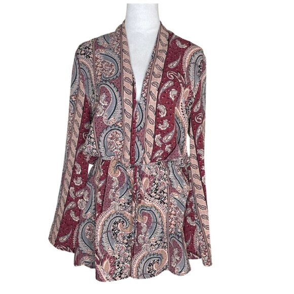 See You Monday Women's Paisley Print V-Neck Long Bell Sleeve Cut Out Romper L - Picture 1 of 8